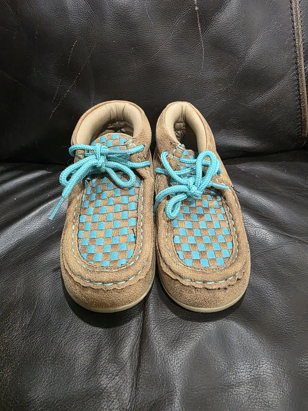 Blazin Roxx Tan Suede Kids Moccasins with Turquoise Check Accents